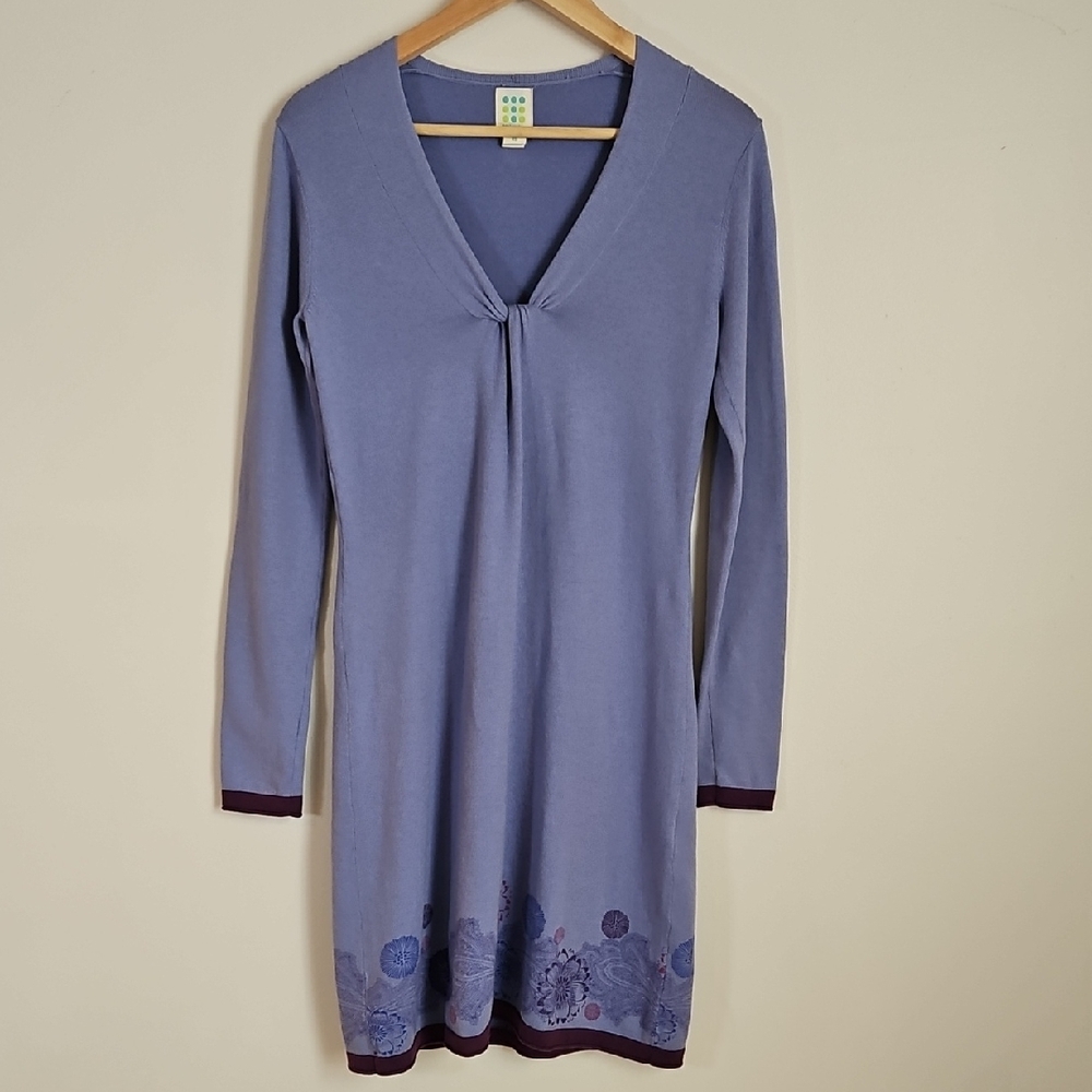 Title Nine XS Mobetta 60 Fine Knit Sweater Dress Purple Floral Hem Soft Casual
